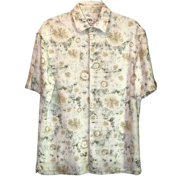 Zara Relaxed Fit Abstract Floral Shirt Sleeve Shirt in Pale Golds/Green Men’s S - Picture 1 of 6